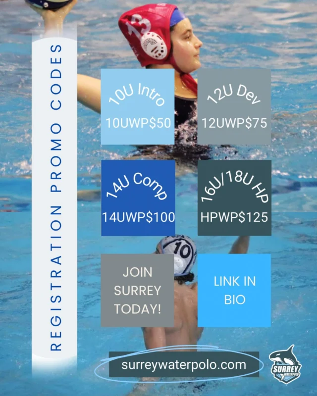🌊 Your Next Adventure Starts Here! 🤽

Surrey Water Polo is ready to welcome athletes for another exciting season!

Register today and use the promo code above to unlock a special Early Bird discount. If you’re registering for multiple programs, you may use more than one code.

✨ Save with Early Bird pricing

Make sure you select the promo code that matches your program before completing registration.

📣Follow our website to complete your registration

👉 surreywaterpolo.com

Join the Surrey Water Polo family today!

#waterpolo #surreywaterpolo #discount #youthsports